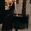 BARBARA BLACK SILKY LONG DRESS WITH SIDE CHAIN-LINKS - Image 4