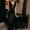 BARBARA BLACK SILKY LONG DRESS WITH SIDE CHAIN-LINKS - Image 3