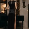 BARBARA BLACK SILKY LONG DRESS WITH SIDE CHAIN-LINKS - Image 5