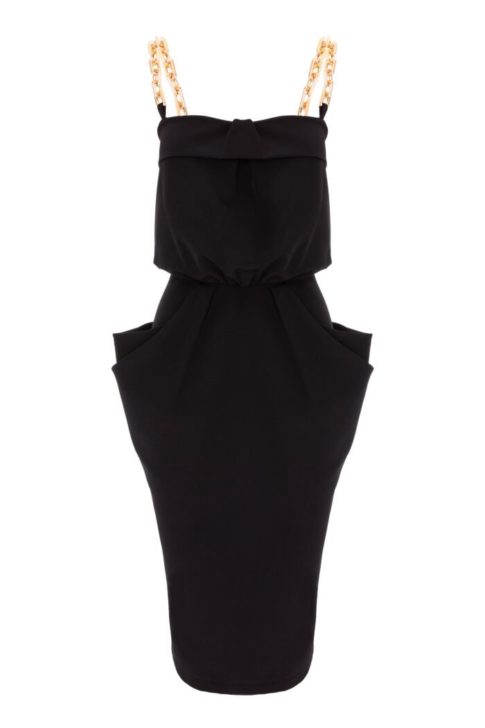 BLACK MIDI DRESS WITH CHAIN-LINKS STRAPS AND POCKETS
