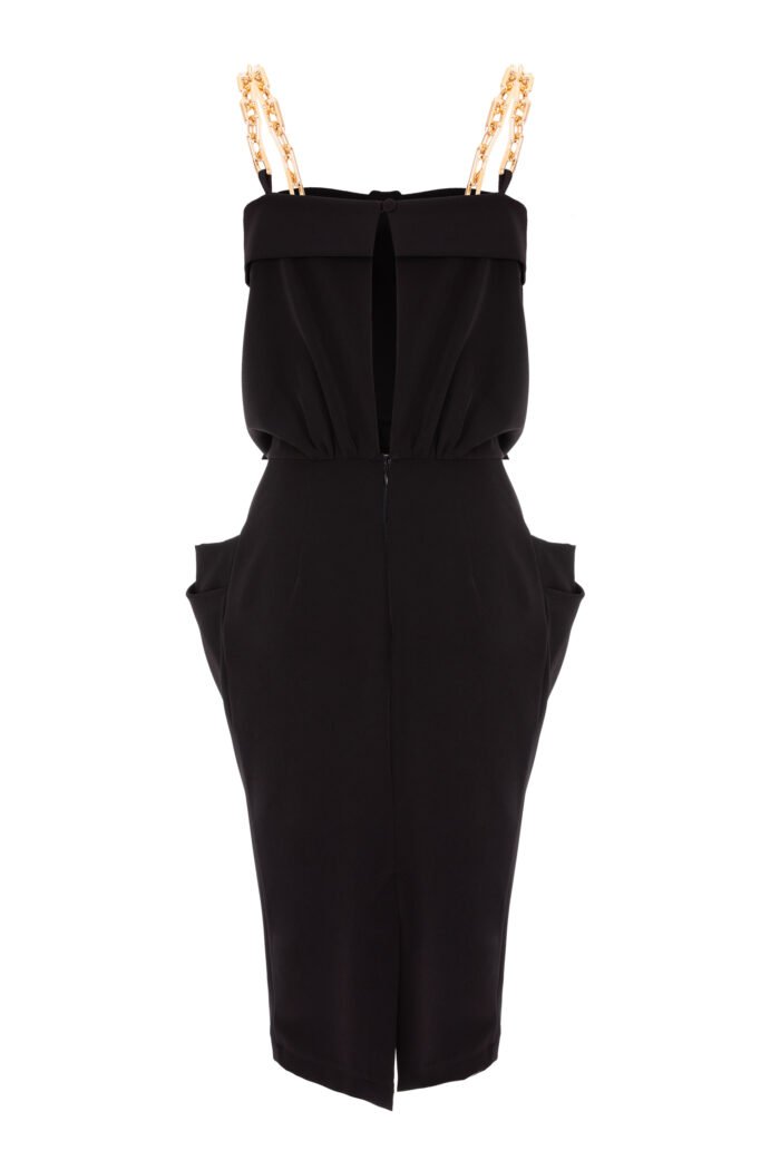 BLACK MIDI DRESS WITH CHAIN-LINKS STRAPS AND POCKETS - Image 2