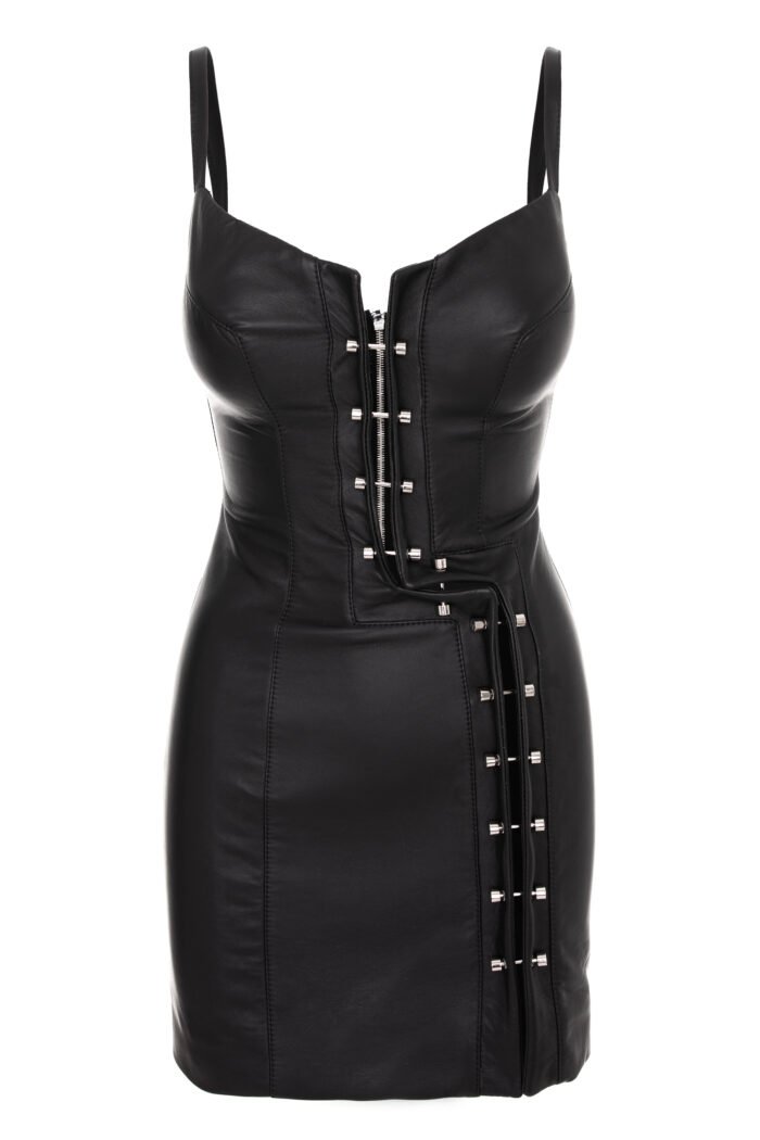 BLACK LEATHER DRESS WITH PIERCINGS