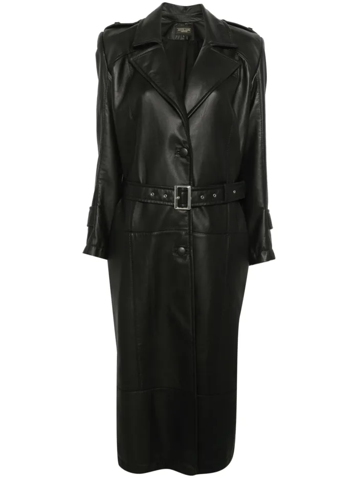 BLACK LEATHER LONG OVERSIZED TRENCHCOAT - Image 4