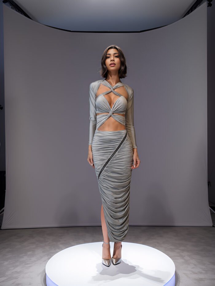GREY LONG DRAPED DRESS WITH CUT-OUTS AND ZIPPER