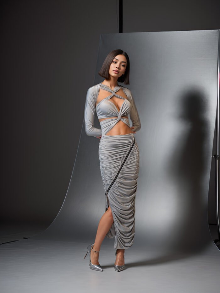 GREY LONG DRAPED DRESS WITH CUT-OUTS AND ZIPPER - Image 3