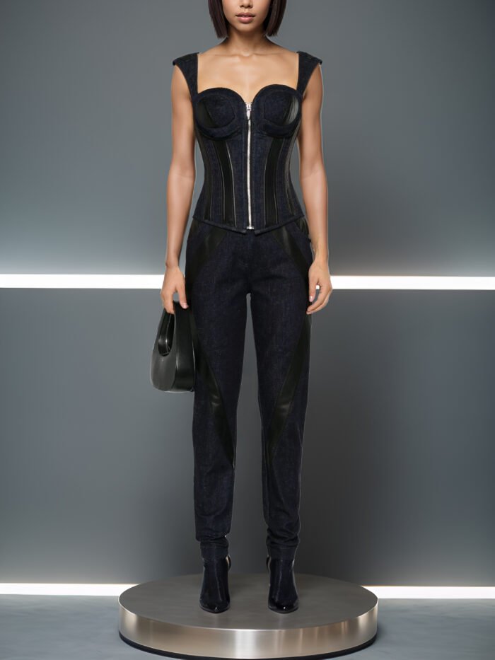 INDIGO DENIM CORSET WITH LEATHER INSERTS - Image 3