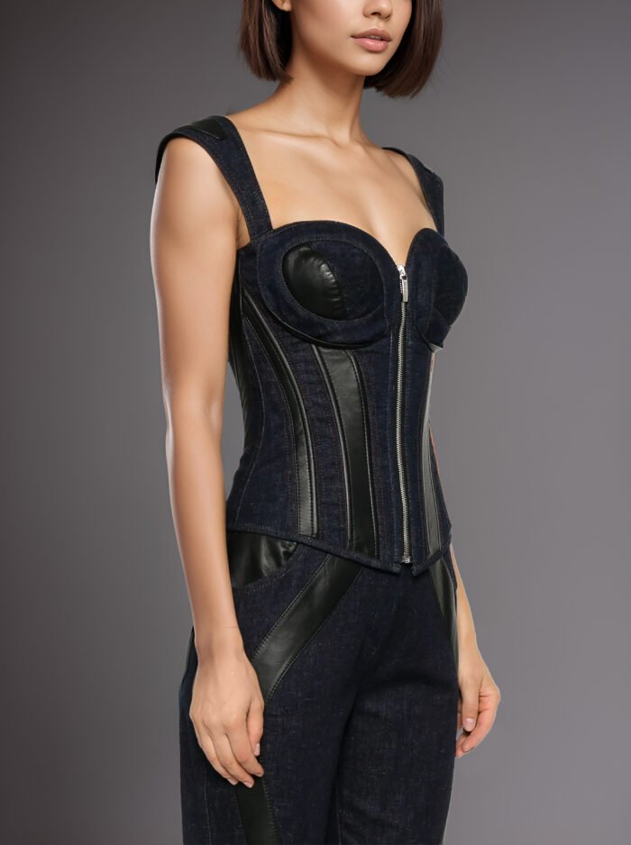 INDIGO DENIM CORSET WITH LEATHER INSERTS