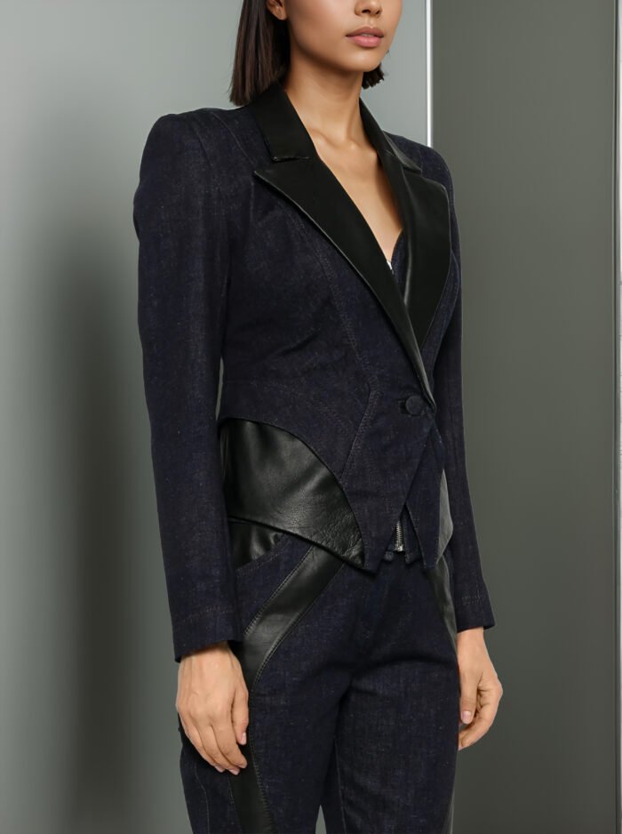 INDIGO DENIM TUXEDO WITH LEATHER INSERTS
