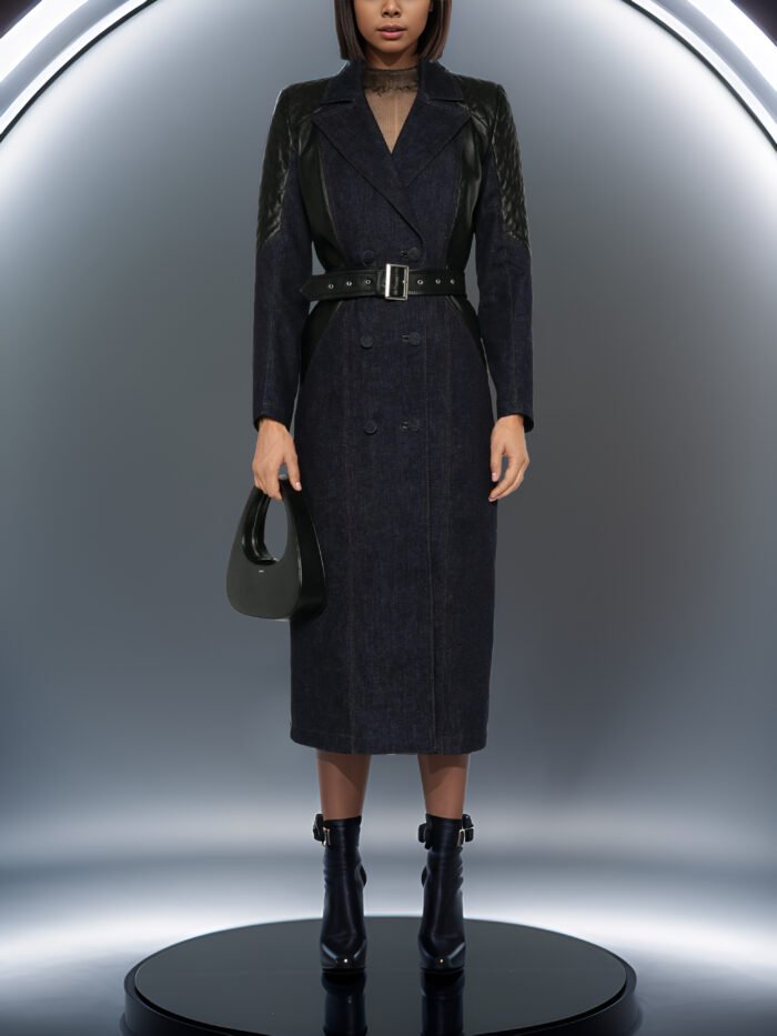 INDIGO DENIM TRENCHCOAT WITH LEATHER INSERTS - Image 2