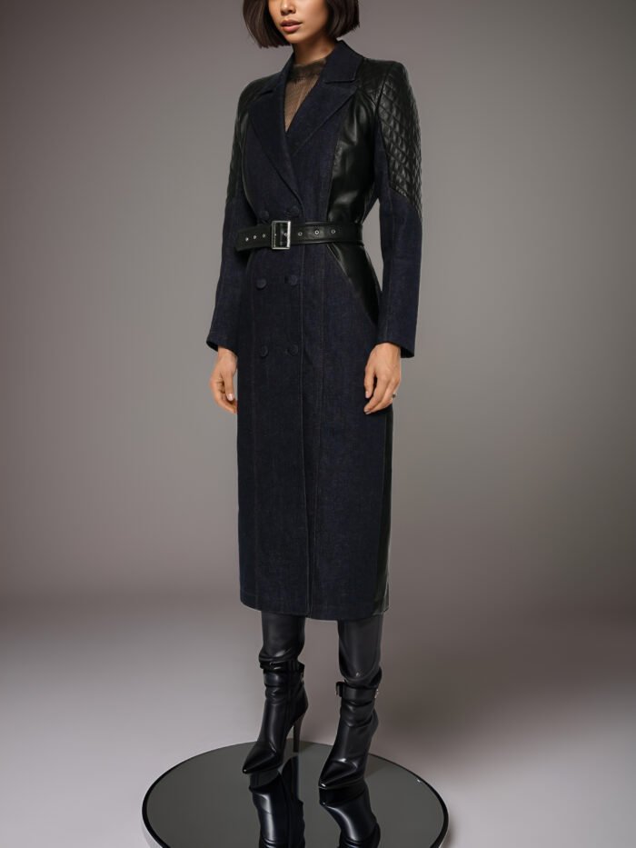 INDIGO DENIM TRENCHCOAT WITH LEATHER INSERTS