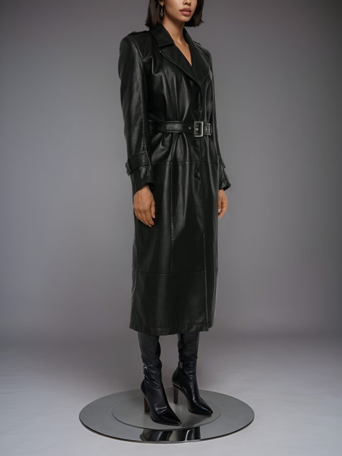 BLACK LEATHER LONG OVERSIZED TRENCHCOAT