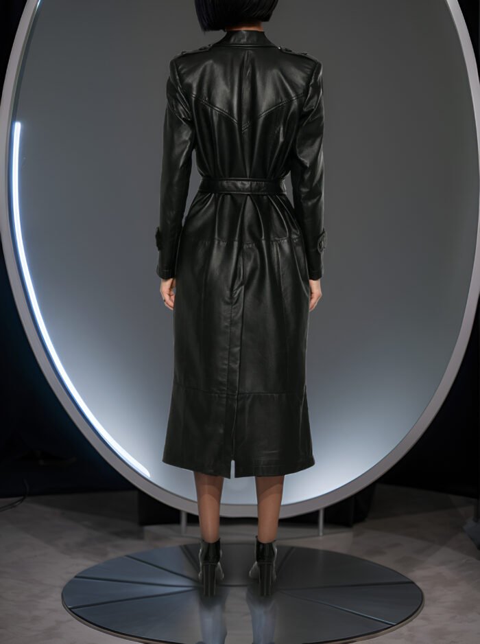 BLACK LEATHER LONG OVERSIZED TRENCHCOAT - Image 2