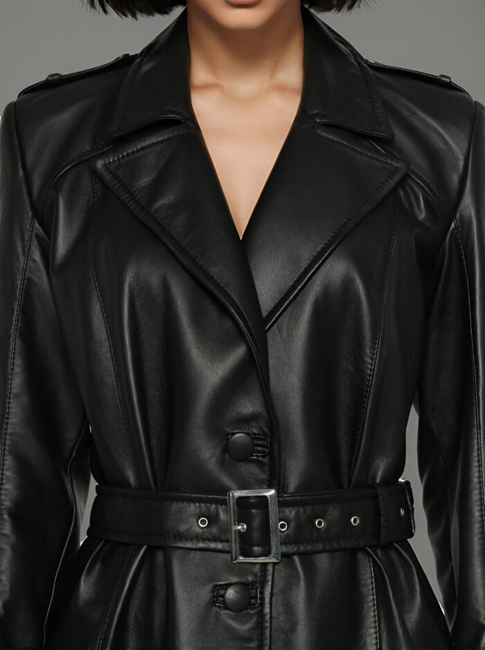 BLACK LEATHER LONG OVERSIZED TRENCHCOAT - Image 3