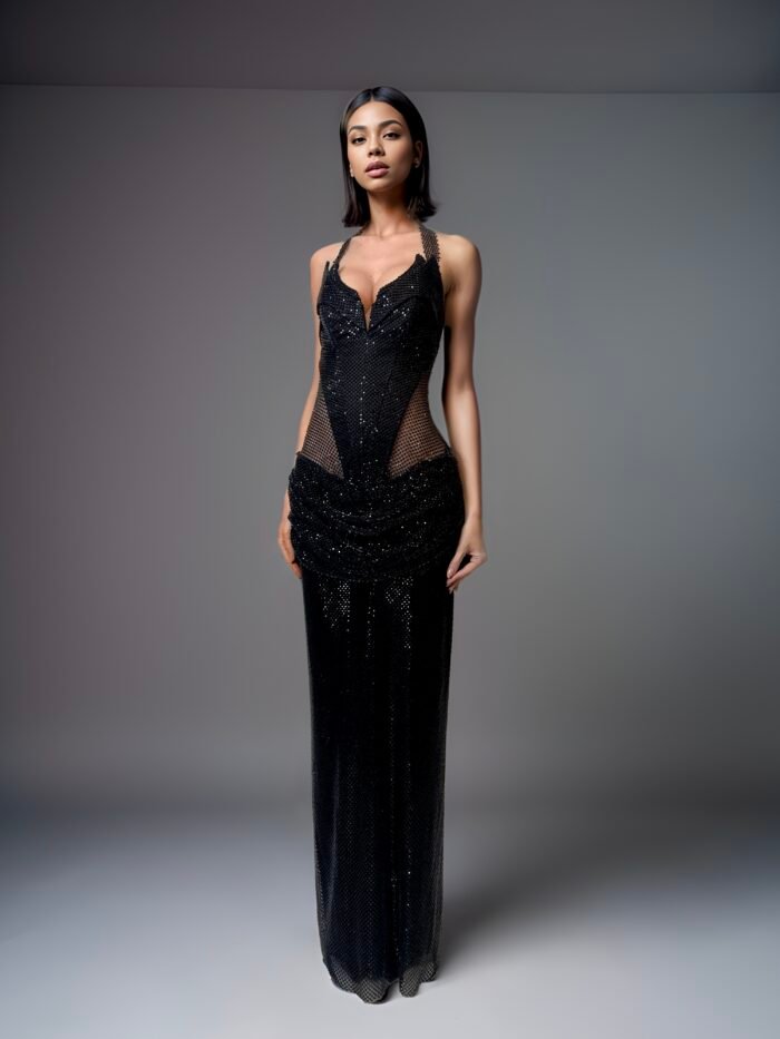 BLACK CRYSTAL-EMBELLISHED MESH MAXI DRESS