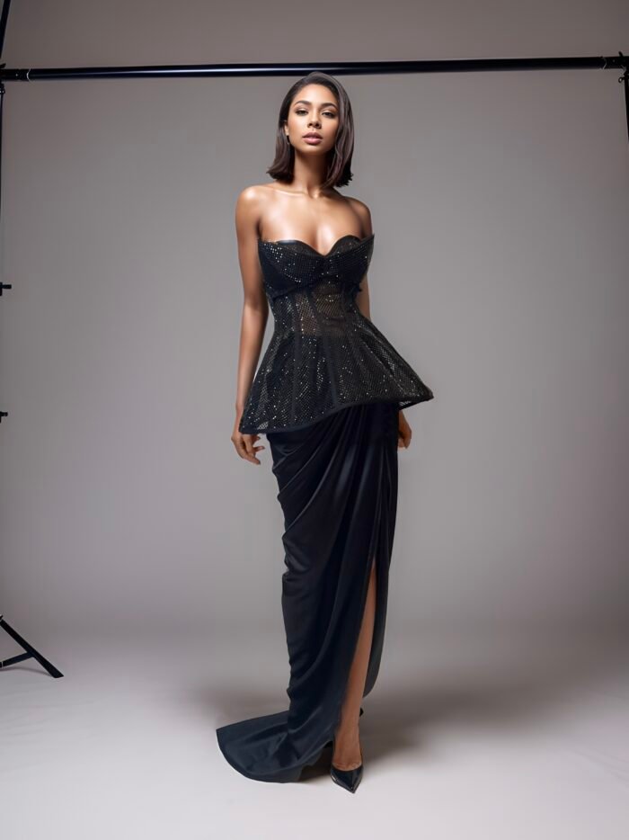 CRYSTAL-EMBELLISHED FLARED CORSET MAXI DRESS