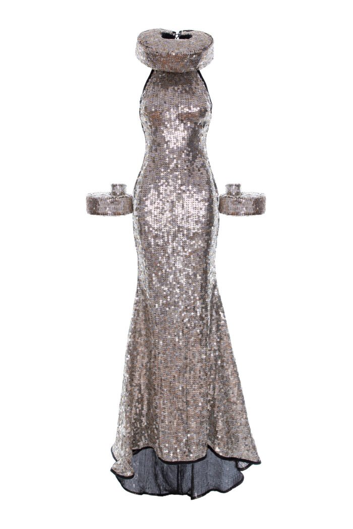 GOLDEN-SILVER FLORAL SEQUINS LONG DRESS - Image 5