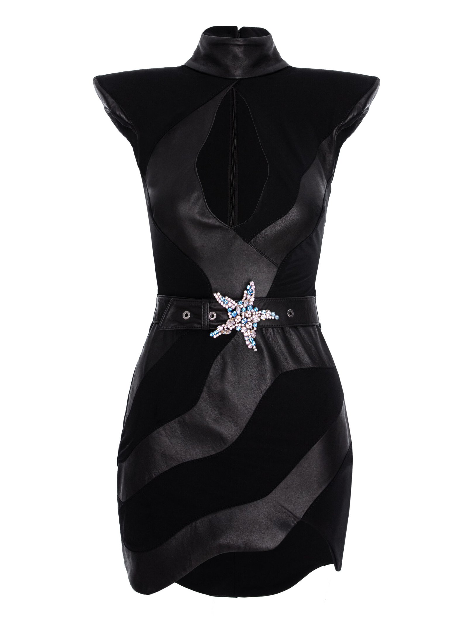 BLACK MINI DRESS WITH LEATHER INSERTS AND STARFISH ACCESSORY BELT - Image 2