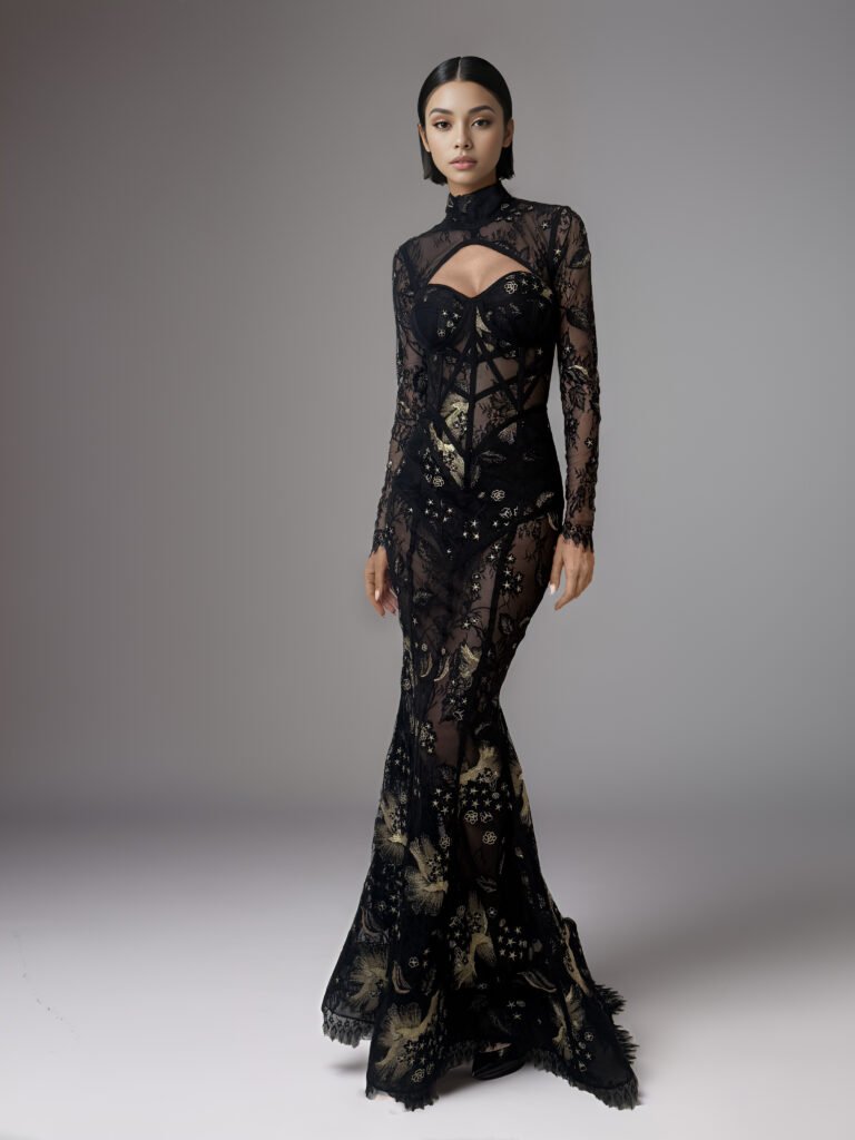 BLACK CHANTILLY GOLDEN TOUCH LONG DRESS