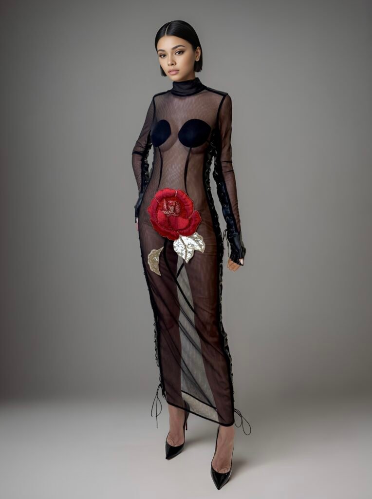 FLAMMA ROUGE ROSE TRANSPARENT LACE-UP DRESS