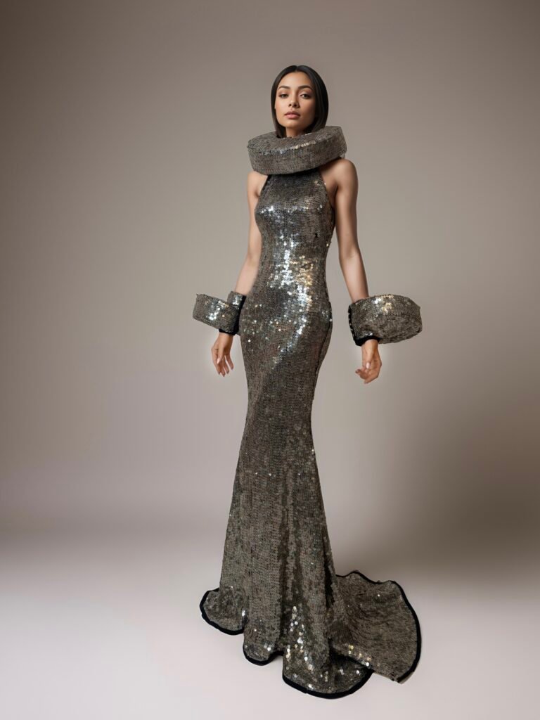 GOLDEN-SILVER FLORAL SEQUINS LONG DRESS