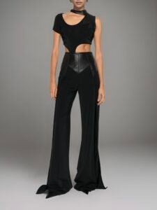 BLACK ASYMMETRIC TOP WITH LEATHER INSERTS