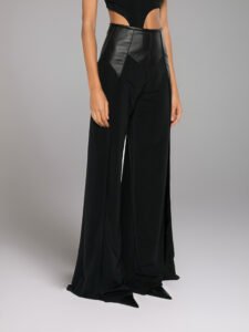 BLACK WIDE LEG TROUSERS WITH LEATHER INSERTS