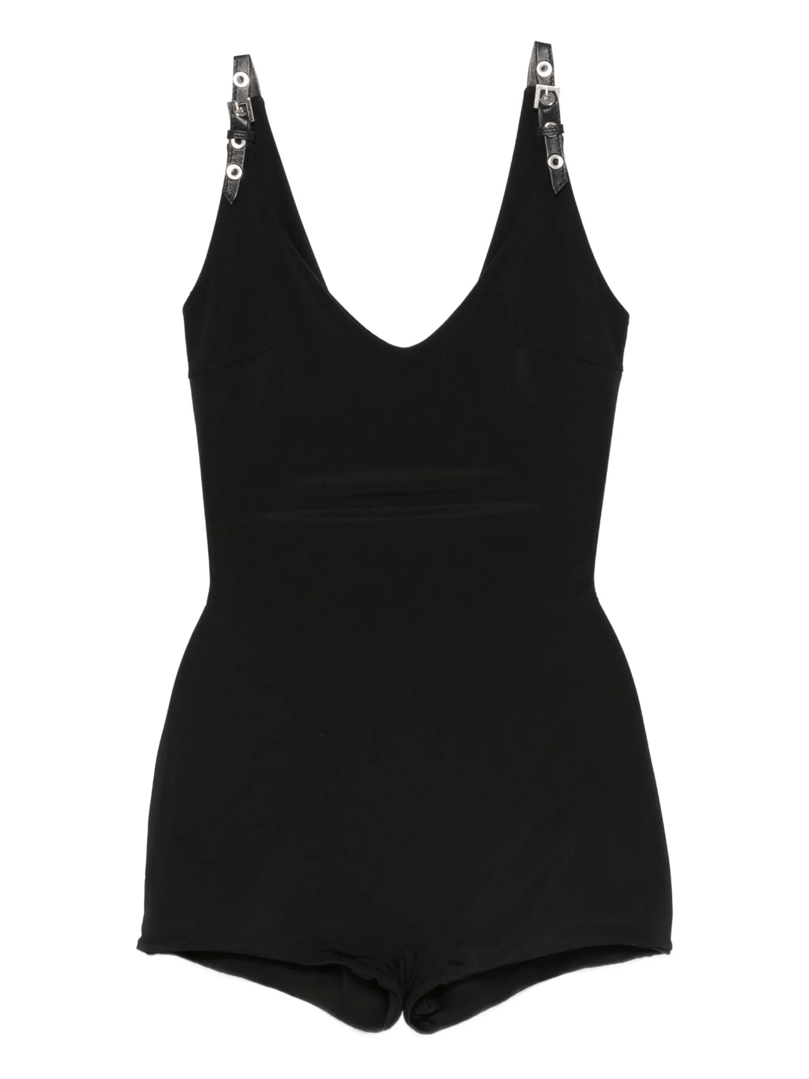 BLACK SHORT STRETCHY JUMPSUIT WITH LEATHER STRAPS - Image 2