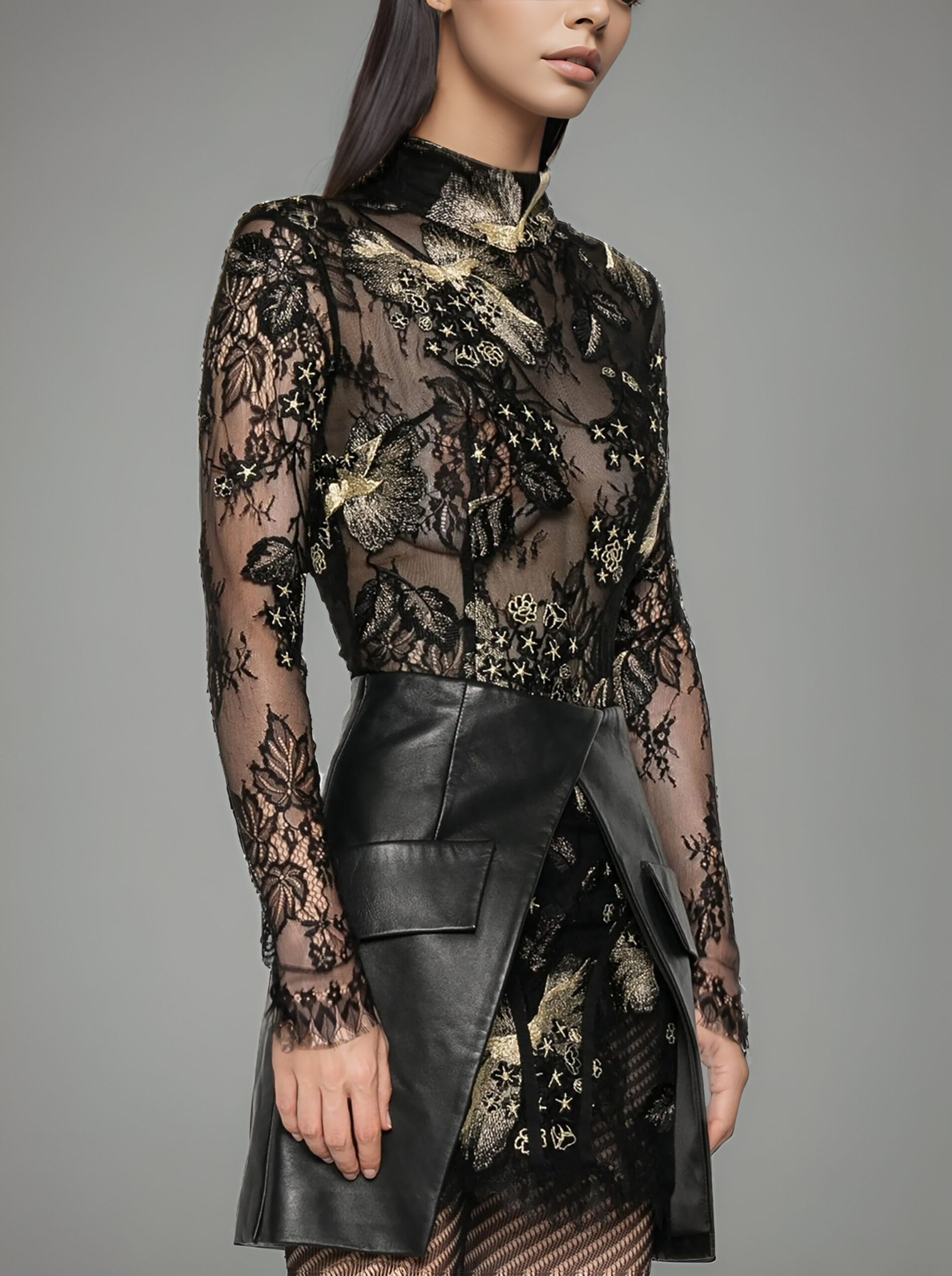 BLACK CHANTILLY LACE GOLDEN TOUCH BODYSUIT