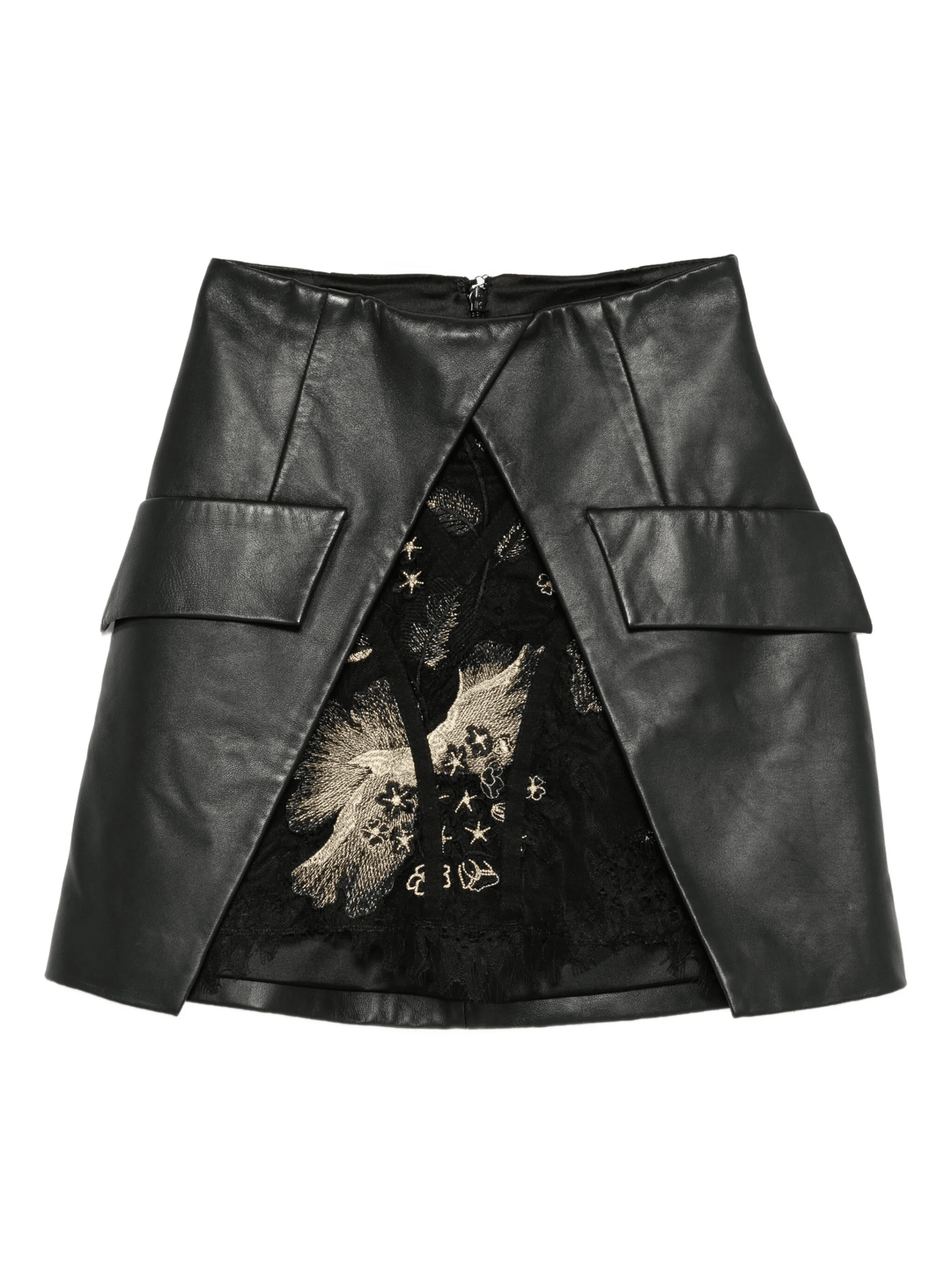 BLACK SHORT LEATHER SKIRT WITH CHANTILLY LACE INSERTS - Image 2